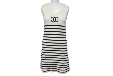 CHANEL シャネル ノースリーブ ニットワンピース サイズ38 ココマーク ボーダー アイボリー ヴィンテージ 美品 中古 4b001102