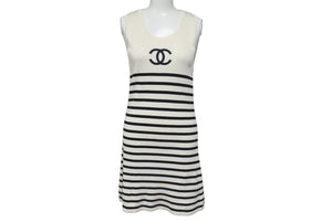 CHANEL シャネル ノースリーブ ニットワンピース サイズ38 ココマーク ボーダー アイボリー ヴィンテージ 美品 中古 4b001102