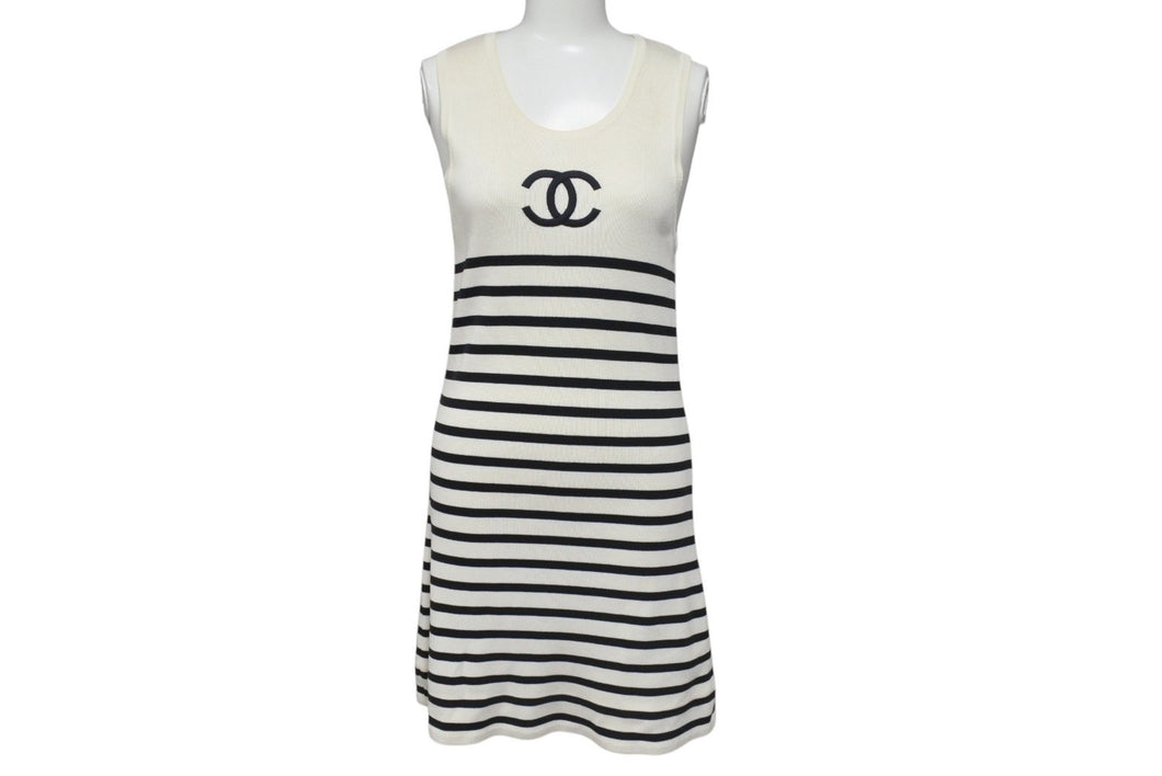 CHANEL シャネル ノースリーブ ニットワンピース サイズ38 ココマーク ボーダー アイボリー ヴィンテージ 美品 中古 4b001102