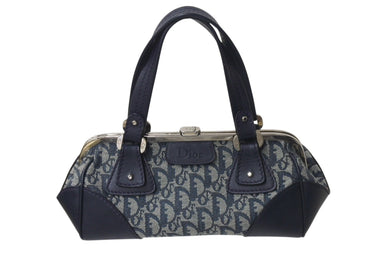極美品 Christian Dior クリスチャンディオール トロッター ハンドバッグ 11-MA-0045 ネイビー ロゴ キャンバス レザー 中古 4b001125