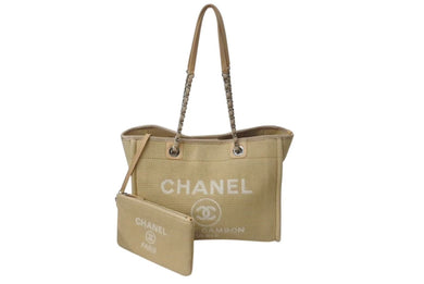 極美品 CHANEL シャネル ドーヴィルMM チェーントート トートバッグ ココマーク IC キャンバス レザー シルバー金具 中古 4b001131