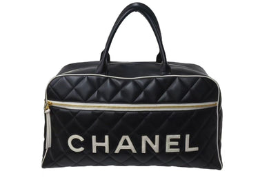 極美品 CHANEL シャネル ボストンバッグ 3番台 キルティング ブラック ロゴ カーフスキン ゴールド金具 中古 4b001142