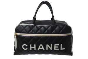 極美品 CHANEL シャネル ボストンバッグ 3番台 キルティング ブラック ロゴ カーフスキン ゴールド金具 中古 4b001142