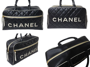 極美品 CHANEL シャネル ボストンバッグ 3番台 キルティング ブラック ロゴ カーフスキン ゴールド金具 中古 4b001142