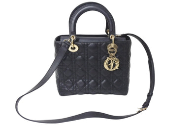 極美品 Christian Dior クリスチャンディオール 22年 レディディオール ミディアム 2WAY ハンドバッグ ブラック ゴールド 中古 4b001148