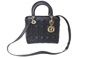 極美品 Christian Dior クリスチャンディオール 22年 レディディオール ミディアム 2WAY ハンドバッグ ブラック ゴールド 中古 4b001148