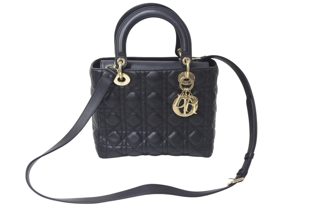 極美品 Christian Dior クリスチャンディオール 22年 レディディオール ミディアム 2WAY ハンドバッグ ブラック ゴールド 中古 4b001148