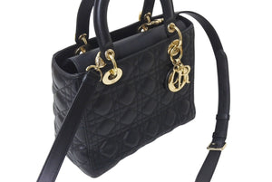 極美品 Christian Dior クリスチャンディオール 22年 レディディオール ミディアム 2WAY ハンドバッグ ブラック ゴールド 中古 4b001148