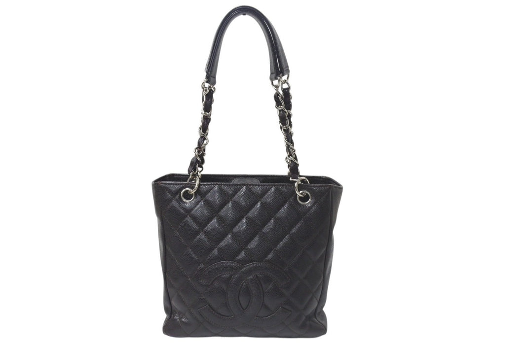極美品 CHANEL シャネル マトラッセPST ココマーク トートバッグ 11番台 キャビアスキン ブラック ブラウン シルバー金具 中古 4b001177