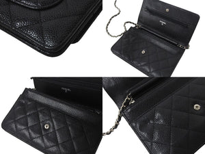 極美品 CHANEL シャネル チェーンウォレット ショルダーバッグ ココマーク 20番台 キャビアスキン ブラック 中古 4b001178