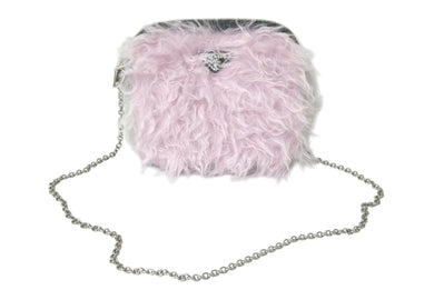 極美品 PRADA プラダ ファー ショルダーバッグ トライアングルロゴ イタリア製 ナイロン ピンク ブラック シルバー金具 中古 4b001223