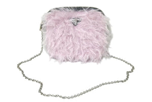 極美品 PRADA プラダ ファー ショルダーバッグ トライアングルロゴ イタリア製 ナイロン ピンク ブラック シルバー金具 中古 4b001223