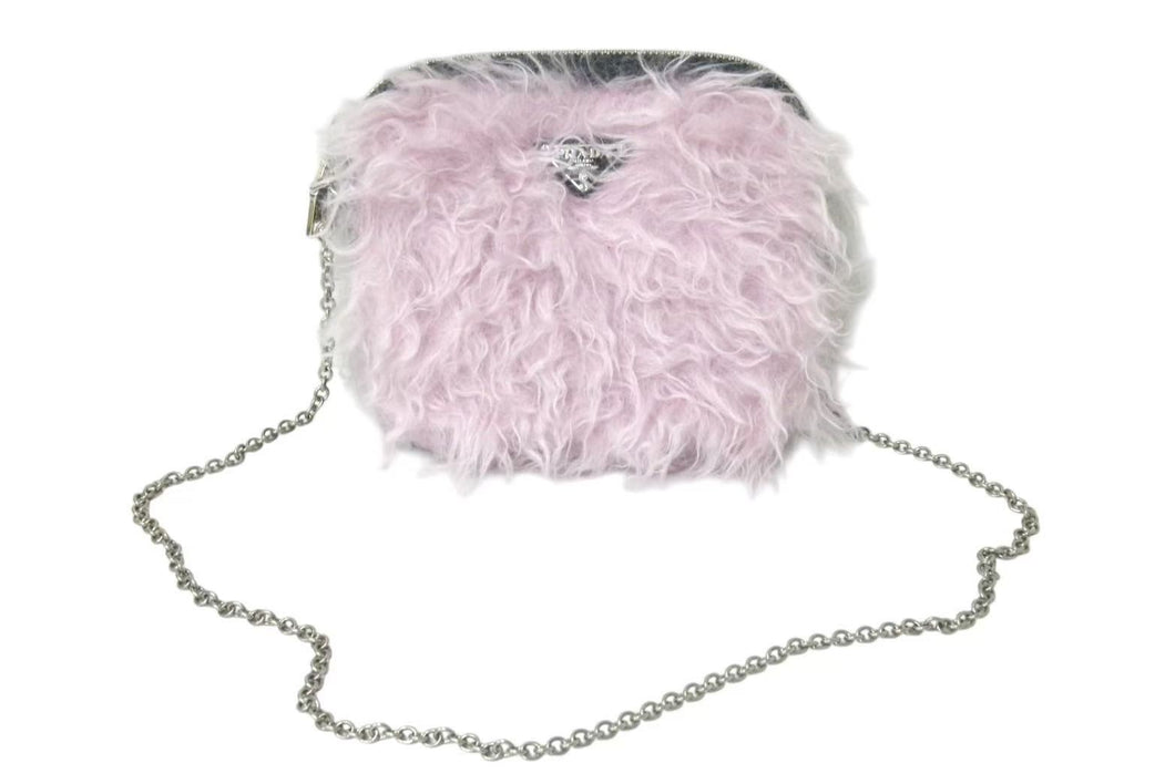 極美品 PRADA プラダ ファー ショルダーバッグ トライアングルロゴ イタリア製 ナイロン ピンク ブラック シルバー金具 中古 4b001223