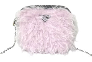 極美品 PRADA プラダ ファー ショルダーバッグ トライアングルロゴ イタリア製 ナイロン ピンク ブラック シルバー金具 中古 4b001223