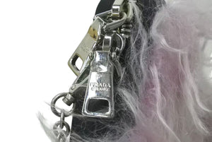 極美品 PRADA プラダ ファー ショルダーバッグ トライアングルロゴ イタリア製 ナイロン ピンク ブラック シルバー金具 中古 4b001223