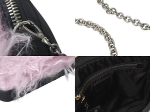 極美品 PRADA プラダ ファー ショルダーバッグ トライアングルロゴ イタリア製 ナイロン ピンク ブラック シルバー金具 中古 4b001223
