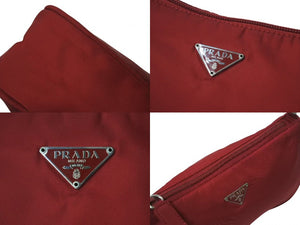 PRADA プラダ アクセサリーポーチ トライアングルロゴ 三角ロゴプレート ナイロン レッド シルバー金具 美品 中古 4b001233