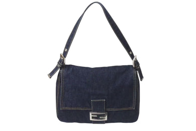 FENDI フェンディ マンマバケット ワンショルダーバッグ 26425 デニム レザー ネイビー シルバー金具 美品 中古 4b001265