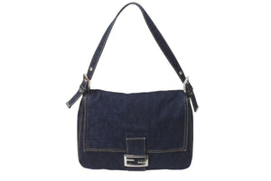 FENDI フェンディ マンマバケット ワンショルダーバッグ 26425 デニム レザー ネイビー シルバー金具 美品 中古 4b001265