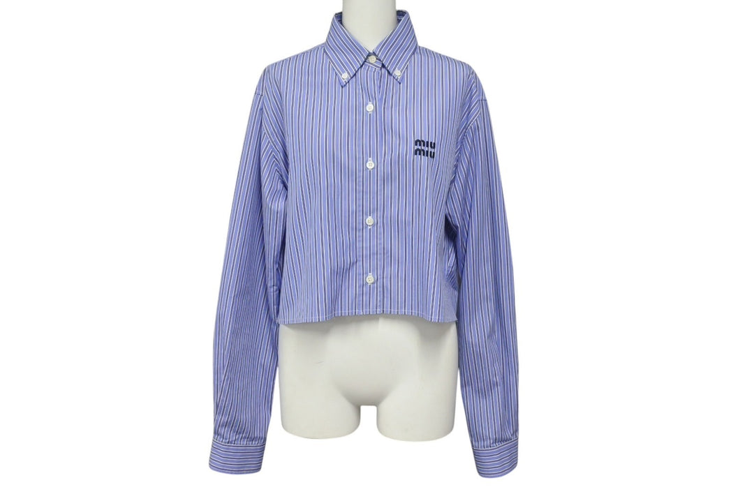 極美品 MIUMIU ミュウミュウ ストライプシャツ MK1694 1101 イタリア製 コットン ブルー ホワイト サイズ36 中古 4b001309