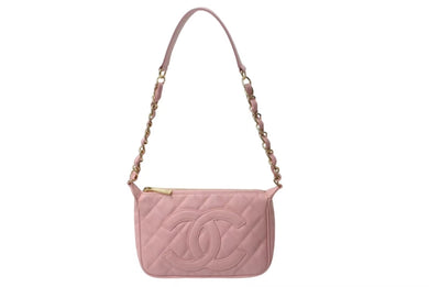 新品同様 CHANEL シャネル 月見型 ワンショルダーバッグ ポーチ キャビアスキン 9番台 ピンク 中古 4b001321
