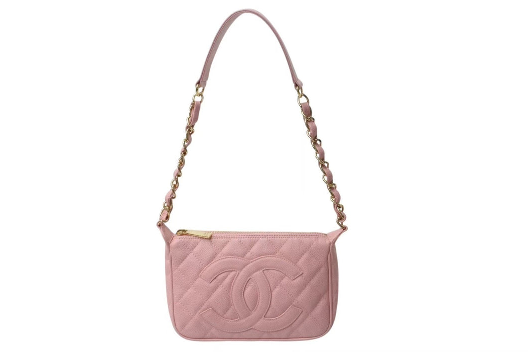 新品同様 CHANEL シャネル 月見型 ワンショルダーバッグ ポーチ キャビアスキン 9番台 ピンク 中古 4b001321