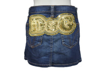 Load image into Gallery viewer, DOLCE&amp;GABBANA ドルチェアンドガッバーナ デニムスパンコールロゴミニスカート ブルー ゴールド コットン 24/38 美品 中古 4b001344