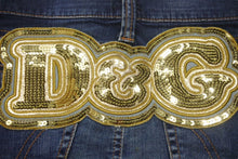 Load image into Gallery viewer, DOLCE&amp;GABBANA ドルチェアンドガッバーナ デニムスパンコールロゴミニスカート ブルー ゴールド コットン 24/38 美品 中古 4b001344