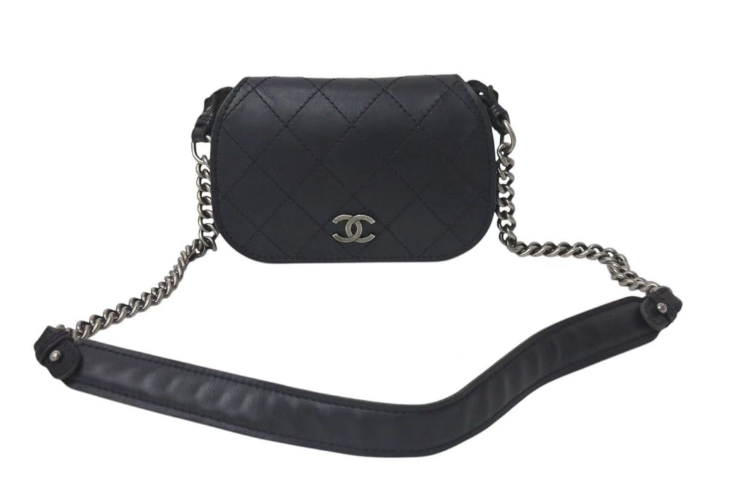 CHANEL シャネル ワイルドステッチ チェーンショルダーバッグ フランス製 18番台 レザー ブラック ブラックメタル金具 美品 中古 4b001378