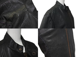 Just Cavalli ジャストカヴァリ 刺繍 デザイン レザー ジャケット ブラック ゴールド 虎柄 アウター サイズM 美品 中古 4b001481