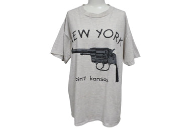 VINTAGE ヴィンテージ 90's NEW YORK it ain't kansas メッセージTシャツ サイズL 拳銃 グレー 美品 中古 4b001549