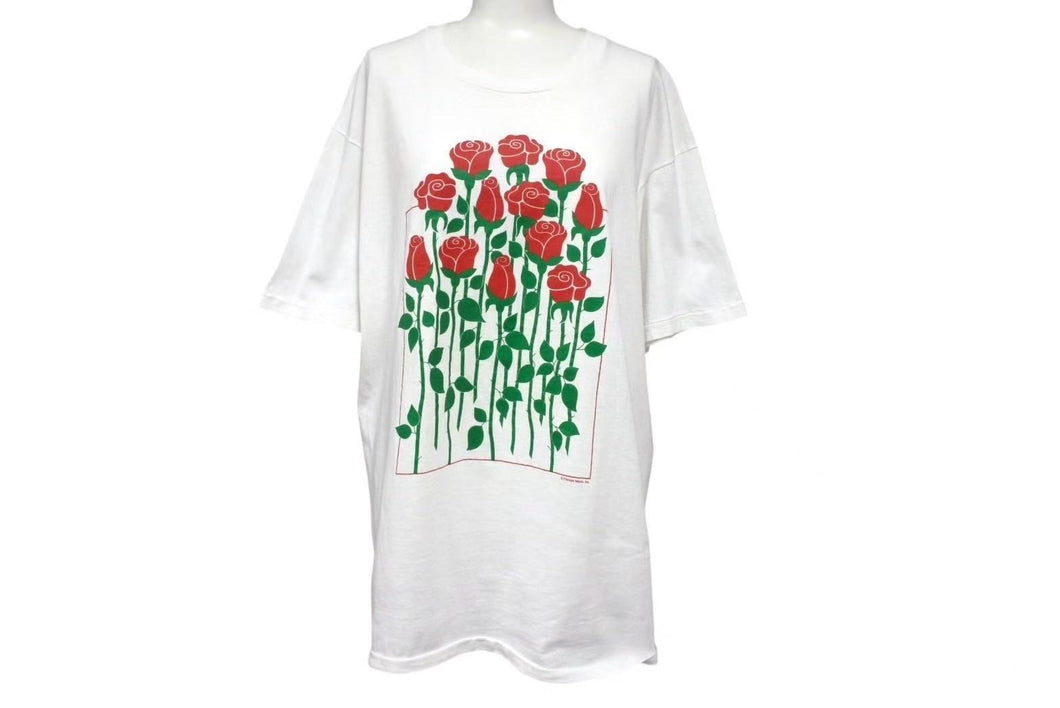 VINTAGE ヴィンテージ 薔薇ローズ半袖Tシャツ アメリカ製 コットン ホワイト レッド グリーン サイズL 美品 中古 4b001561 