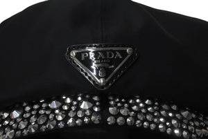 極美品 PRADA プラダ ベイカーボーイキャップ キャスケット トライアングルロゴ ラインストーン装飾 1HC551 ブラック S 中古 4b001578