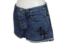 Load image into Gallery viewer, CHROME HEARTS クロムハーツ デニムショーツ ショートパンツ サイズ26 セメタリークロス デニムパッチ シルバー925 12パッチ 美品 中古 4b001646