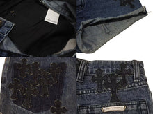 Load image into Gallery viewer, CHROME HEARTS クロムハーツ デニムショーツ ショートパンツ サイズ26 セメタリークロス デニムパッチ シルバー925 12パッチ 美品 中古 4b001646