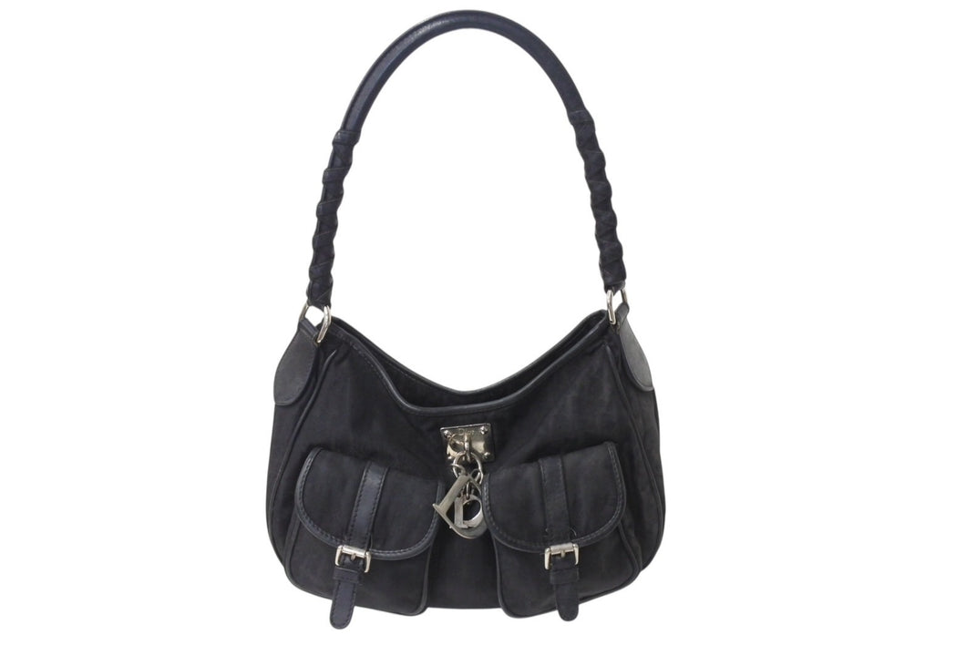 CHRISTIAN DIOR クリスチャンディオール トロッターライン ハンドバッグ ショルダーバッグ チャーム ブラック シルバー 良品 中古 4b001651