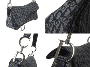 Christian Dior クリスチャンディオール ショルダーバッグ トロッター柄 レザー ネイビー コットンキャンバス 美品 中古 4b001656
