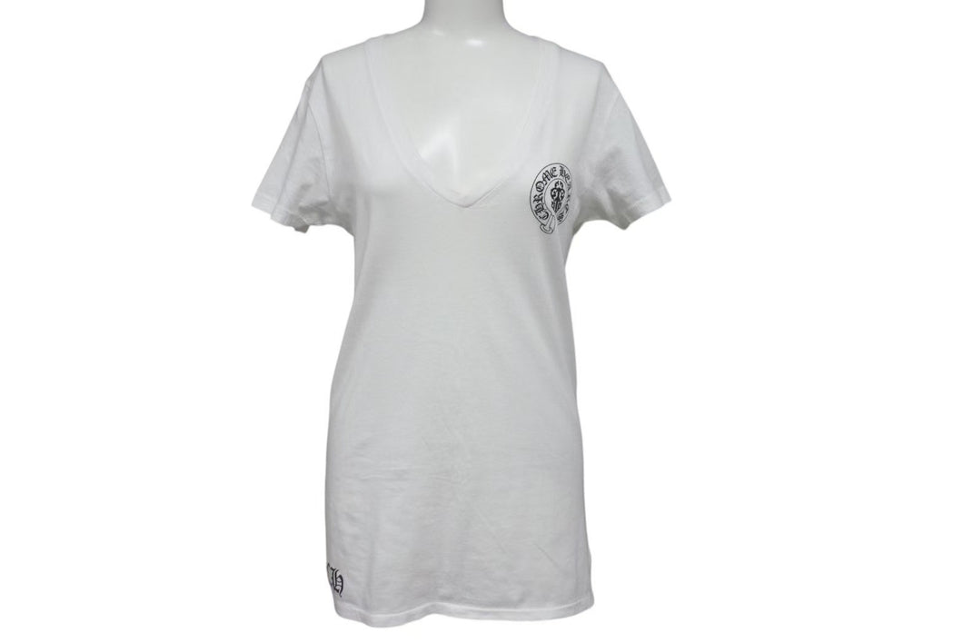 CHROME HEARTS クロムハーツ 半袖VネックTシャツ サイズS アメリカンフラッグ ホースシュー ダガー プリント ホワイト 美品 中古 4b001689