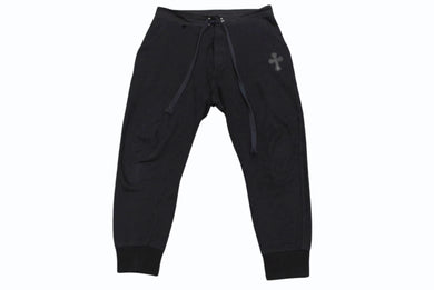 CHROME HEARTS クロムハーツ スウェットパンツ レザークロスパッチ シルバ−925 レザー コットン ブラック 美品 中古 4b001692