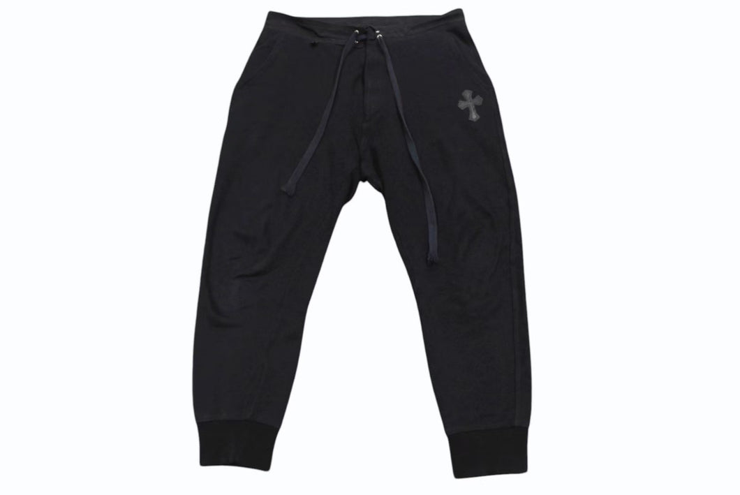 CHROME HEARTS クロムハーツ スウェットパンツ レザークロスパッチ シルバ−925 レザー コットン ブラック 美品 中古 4b001692