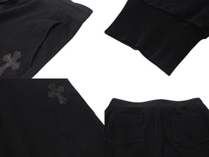 CHROME HEARTS クロムハーツ スウェットパンツ レザークロスパッチ シルバ−925 レザー コットン ブラック 美品 中古 4b001692