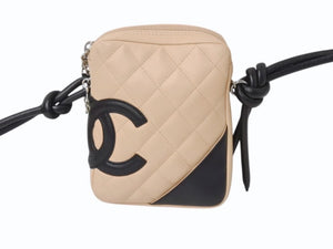 CHANEL シャネル カンボンライン ショルダーバッグ 9番台 ラムスキン ベージュ ブラック シルバー金具 美品 中古 4b001724
