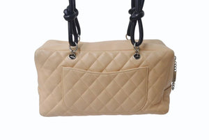極美品 CHANEL シャネル ポーチ ハンドバッグ カンボンライン ココマーク 9番台 ラムスキン ベージュ ブラック 中古 4b001735
