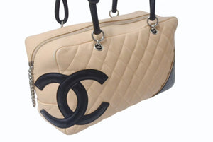 極美品 CHANEL シャネル ポーチ ハンドバッグ カンボンライン ココマーク 9番台 ラムスキン ベージュ ブラック 中古 4b001735
