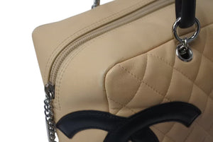 極美品 CHANEL シャネル ポーチ ハンドバッグ カンボンライン ココマーク 9番台 ラムスキン ベージュ ブラック 中古 4b001735