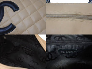 極美品 CHANEL シャネル ポーチ ハンドバッグ カンボンライン ココマーク 9番台 ラムスキン ベージュ ブラック 中古 4b001735