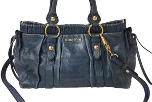 MIUMIU ミュウミュウ 2WAY ハンドバッグ ショルダーバッグ ブルー レザー ゴールド金具 イタリア製 良品 中古 4b001738