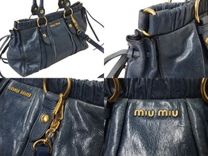 MIUMIU ミュウミュウ 2WAY ハンドバッグ ショルダーバッグ ブルー レザー ゴールド金具 イタリア製 良品 中古 4b001738