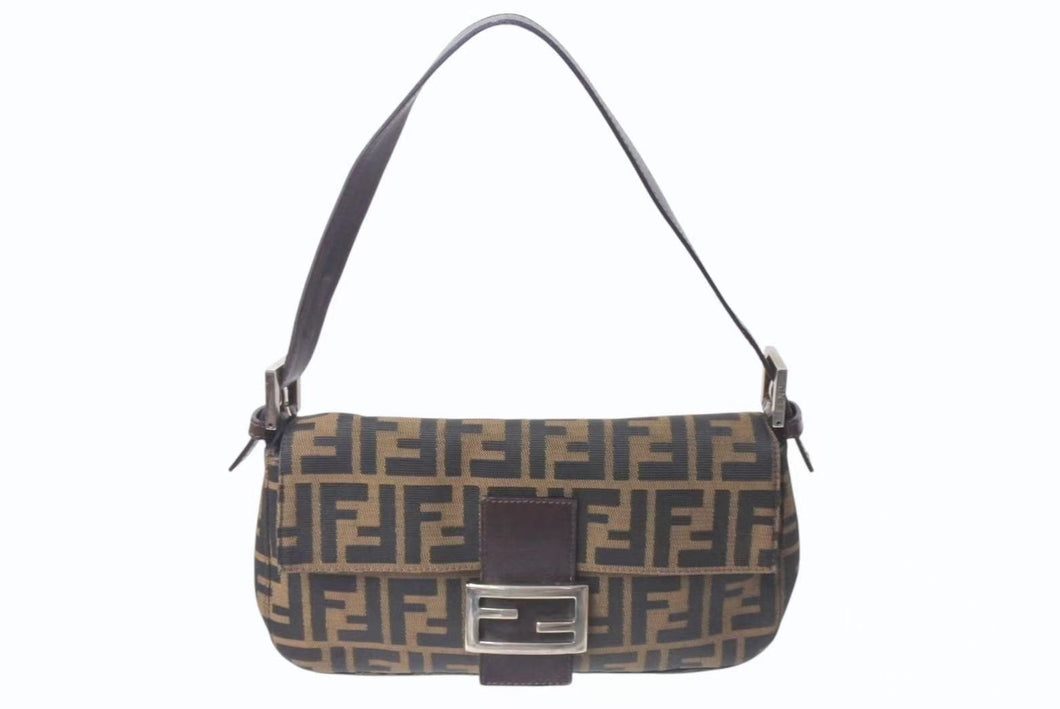 FENDI フェンディ マンマバケット ワンショルダーバッグ 26424 ズッカ柄 ブラウン キャンバス レザー シルバー金具 美品 中古 4b001773