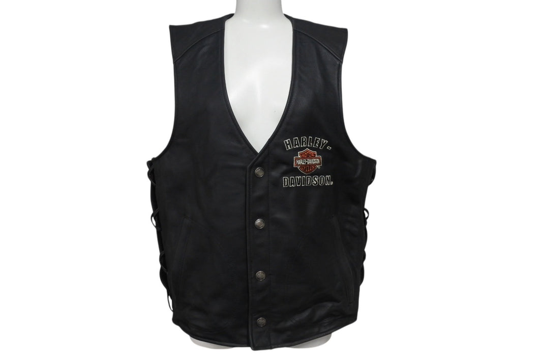 Harley Davidson ハーレーダビッドソン レザー ベスト 本革 vintage ドローコード RN103819CA03402 サイズ M ブラック 美品 中古 4b001844